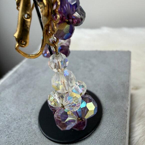 Vintage Vendome Purple & Clear Glass Bead Dangle & Drop Screw/Clip Earrings Gold - Picture 10 of 16